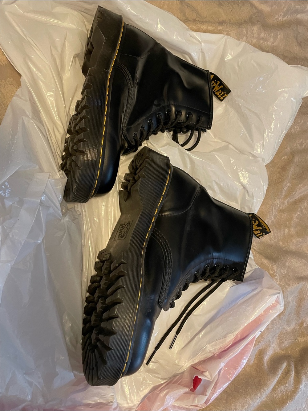 Black Leather Dr Marten’s Combat Boots with Yellow Stitching Size 8